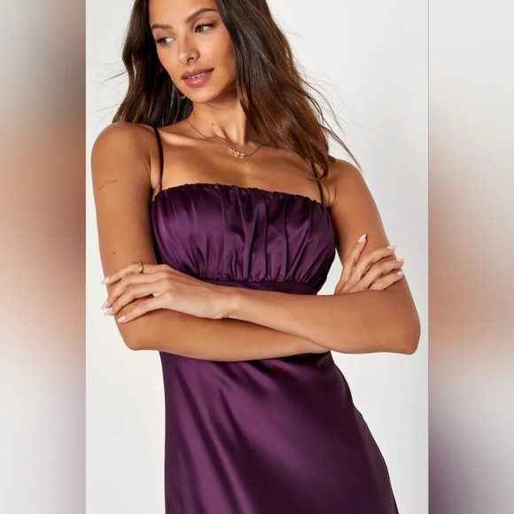 Lulus Romantic Excellence Plum Purple Satin Backless Maxi Dress L Wedding Party - Picture 4 of 10
